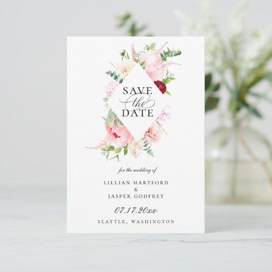 Faire-part Cadres en diamant rose floral rose vif Enregistrer (Debout devant)