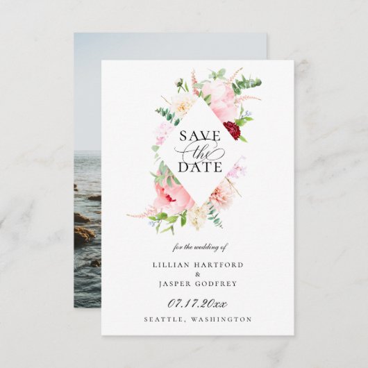 Faire-part Cadres en diamant rose floral rose vif Enregistrer (Devant / Derrière)