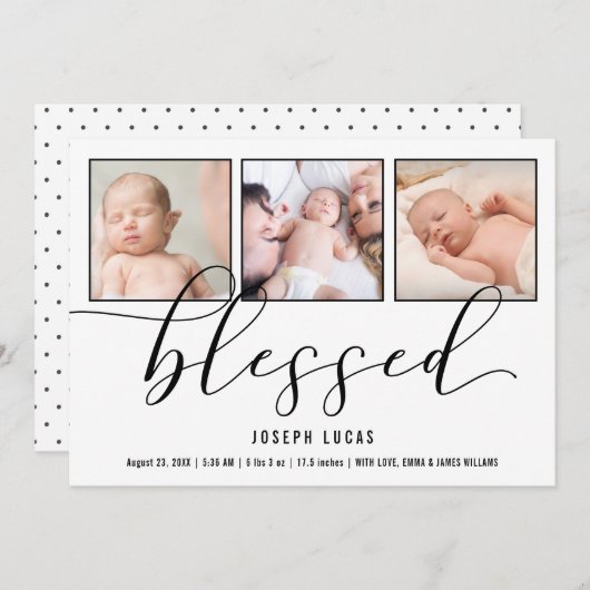 Faire-part Calligraphie Béni 3 Photos Naissance (Devant / Derrière)