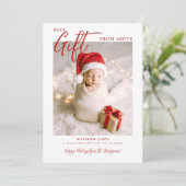 Faire-part Calligraphie cadeau de Noël moderne Red Baby Photo (Debout devant)