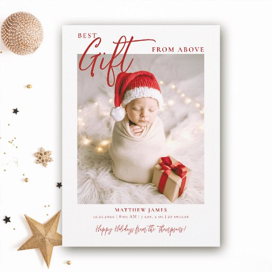 Faire-part Calligraphie cadeau de Noël moderne Red Baby Photo