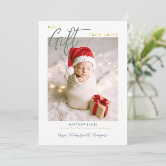 Faire-part Calligraphie cadeau de Noël Vert moderne photo béb (Debout devant)