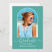 Faire-part Calligraphie d'arc moderne Photo Graduation Turquo (Devant / Derrière)