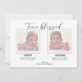 Faire-part Calligraphie élégante Twin Photo Collage Naissance (Dos)