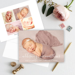 Faire-part Calligraphie moderne bébé fille photo collage nais