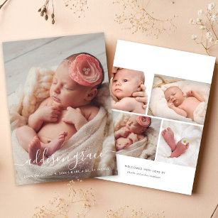 Faire-part Calligraphie moderne bébé fille photo collage nais
