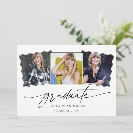 Faire-part Calligraphie moderne Encre Script 3 Photos Graduat (Debout devant)