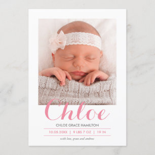 Faire-part Calligraphie Moderne Rose Annonce de Naissance