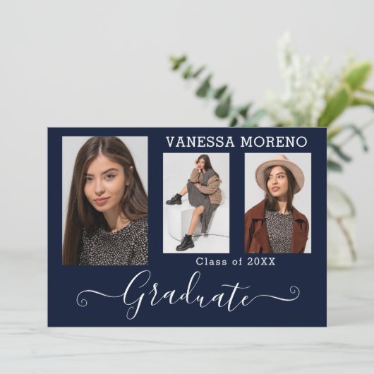 Faire-part Calligraphie moderne Script 3 Photo Bleu Graduatio (Debout devant)