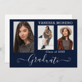 Faire-part Calligraphie moderne Script 3 Photo Bleu Graduatio (Devant / Derrière)