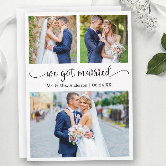 Faire-part Calligraphy 3 Photo Red Heart We Got Married