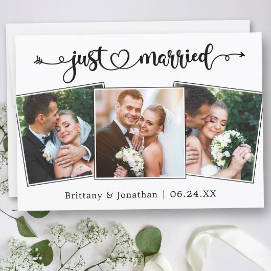 Faire-part Calligraphy Heart Just Married 3 Photos Mariage