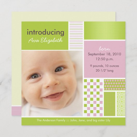 Faire-part Carré Patchwork Annonce de Naissance Designer Lime (Devant / Derrière)