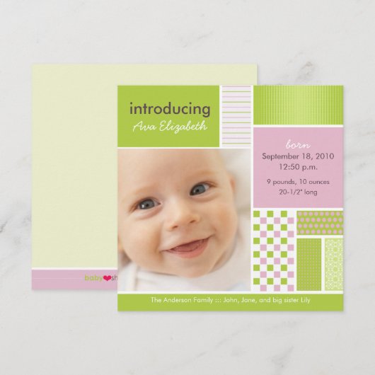 Faire-part Carré Patchwork Annonce de Naissance Lime Designer (Devant / Derrière)