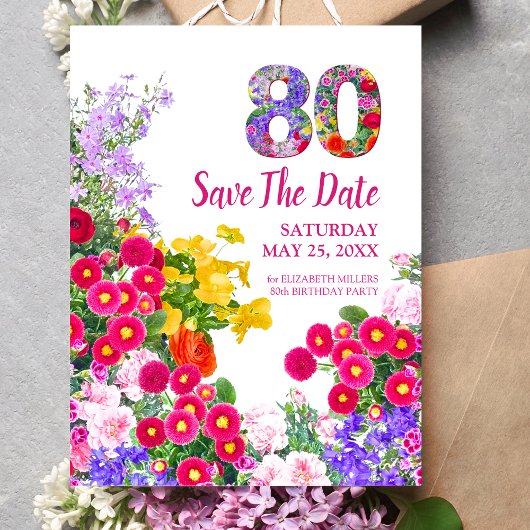 Faire-part Carte postale d'anniversaire 80 ans florale modern