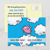 Faire-part carte postale d'annonce de date de porc qui volent (Devant / Derrière)