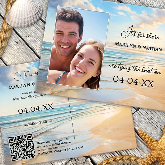 Faire-part Carte postale d'annonce de mariage à la plage à l'