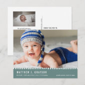 Faire-part Carte postale d'annonce de naissance de bébé vert (Devant / Derrière)
