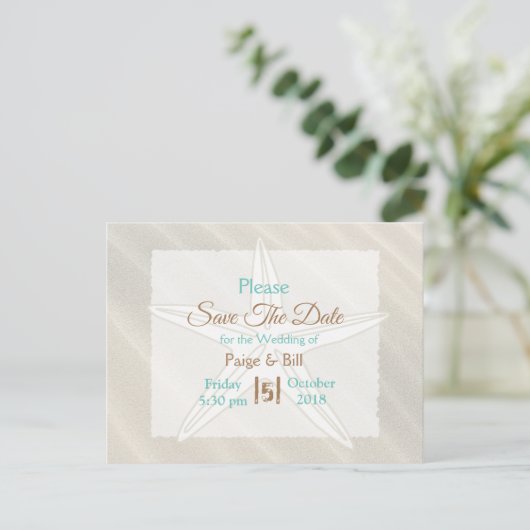 Faire-part Carte postale de mariage Coastal Starfish Save the (Debout devant)