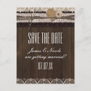 Faire-part Carte postale de mariage en toile de jute et bois