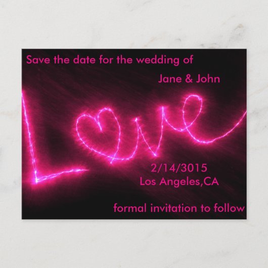 Faire-part carte postale de mariage néon rose save the date (Devant)