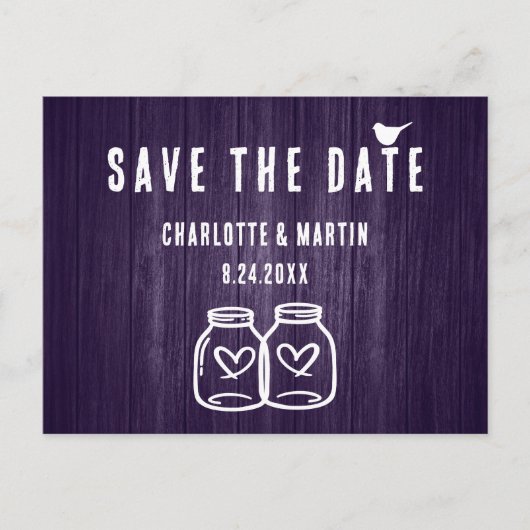 Faire-part Carte postale de mariage rustique violet pour anno (Devant)