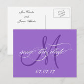 Faire-part Carte postale de monogramme de sauvegarde violette (Devant / Derrière)
