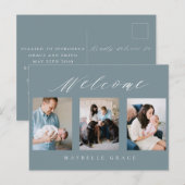 Faire-part carte postale de naissance bleu multi-photo (Devant / Derrière)