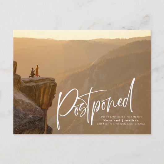 Faire-part Carte postale de report de mariage à écriture rapi (Devant)