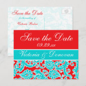 Faire-part Carte postale de réservation damassée bleu rouge e (Devant / Derrière)