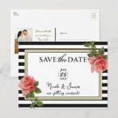 Faire-part Carte postale de rose rose vintage rayée noir et b (Devant / Derrière)