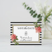 Faire-part Carte postale de rose rose vintage rayée noir et b (Debout devant)