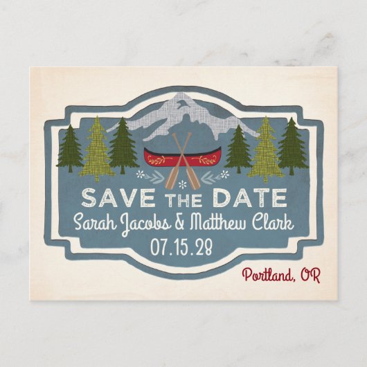 Faire-part Carte postale de sauvegarde de date de canoë rouge (Devant)