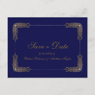 Faire-part Carte postale élégante or et bleu dentelle pour an