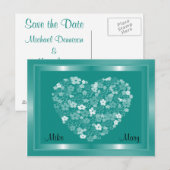 Faire-part Carte postale encadrée Cœur vert sarcelle de fleur (Devant / Derrière)