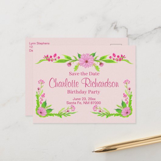 Faire-part Carte postale florale nostalgique rose et verte (Devant/Arrière en situation)