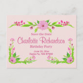 Faire-part Carte postale florale nostalgique rose et verte (Devant)