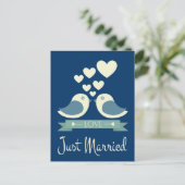 Faire-part Carte postale Mariage bleu de Lovebirds juste mari (Debout devant)
