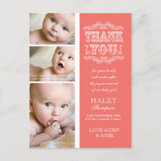 Faire-part CARTE POSTALE MERCI Bébé 3 Photos Saumon VINTAGE