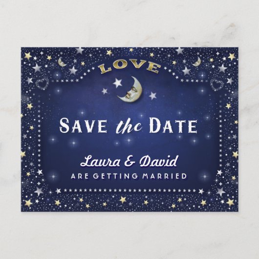 Faire-part Carte postale Moon & Stars Blue Gold & White Save  (Devant)