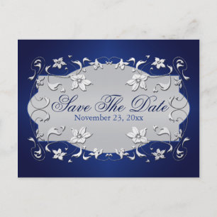 Faire-part Carte postale Navy, floral argenté, coeurs pour an
