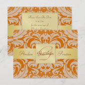 Faire-part Carte postale Orange Damask Gold Monogram Save The (Devant / Derrière)