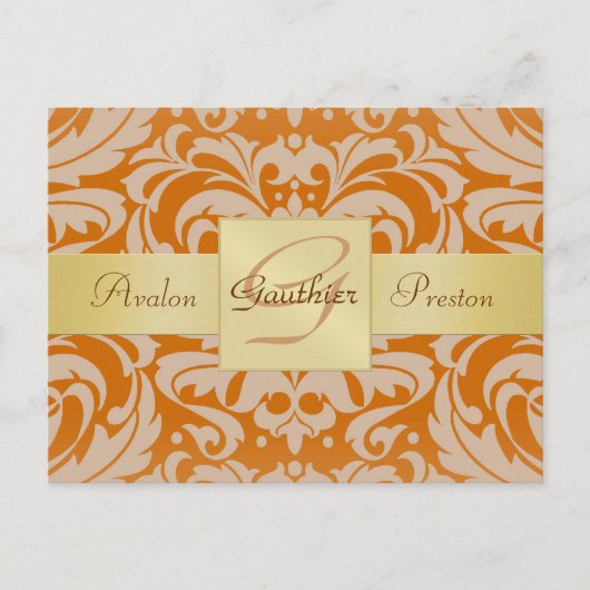 Faire-part Carte postale Orange Damask Gold Monogram Save The (Devant)