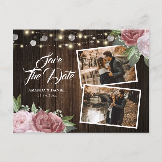 Faire-part Carte postale photo de mariage rustique rose blush (Devant)
