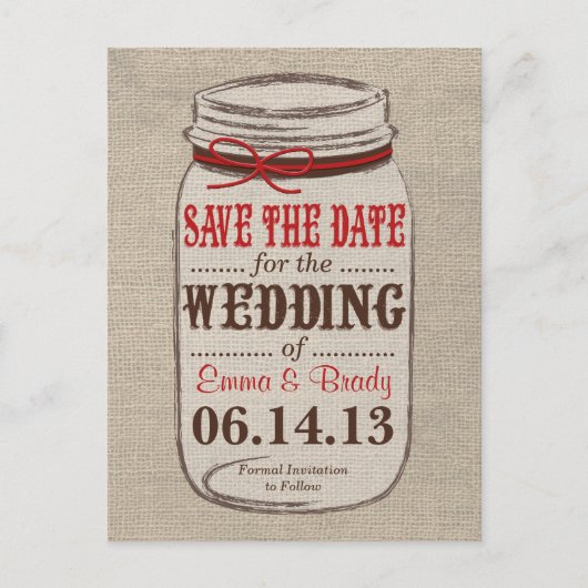 Faire-part Carte postale 'Rustic Burlap & Mason Jar Save the (Devant)