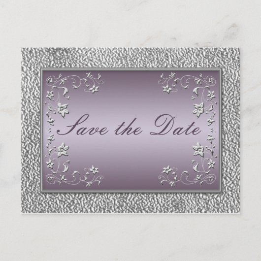Faire-part Carte postale 'Save the Date' florale prune et éta (Devant)