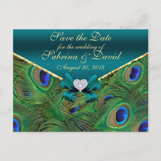 Faire-part Carte postale Teal Peacock Save the Date (Devant)