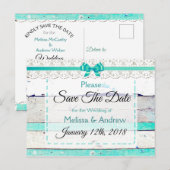 Faire-part Carte postale Turquoise Bleu Gris Bois Save the Da (Devant / Derrière)