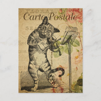 Faire-part carte postale vintage de chat jouant du violon