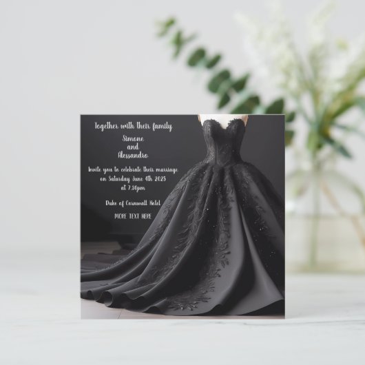 Faire-part Carton d'invitation de robe de mariage noire (Debout devant)